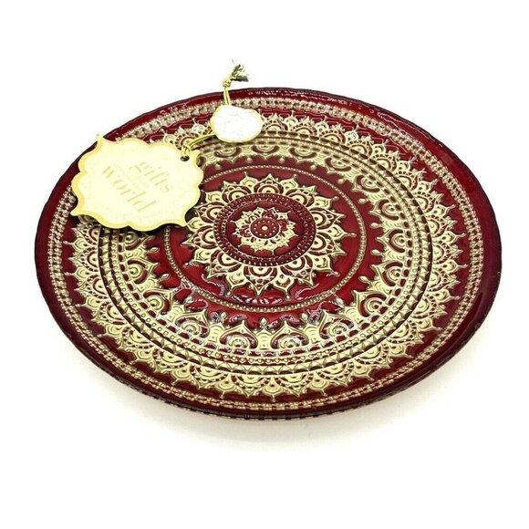 TURKISH GLASS Salad Plates Hand Painted Gold Lace Set of 2 NWT Red Glass 8.25" - Picture 11 of 12